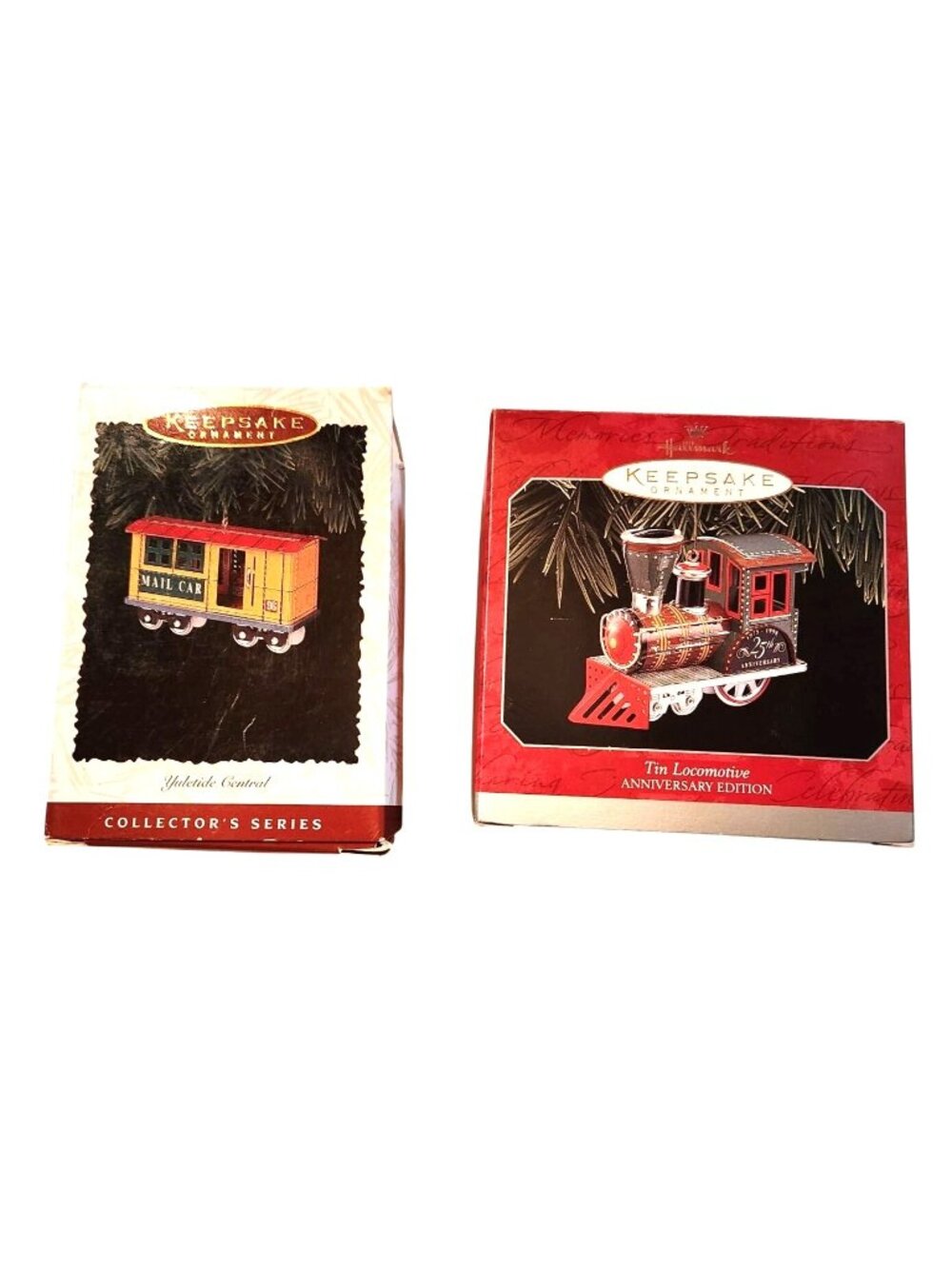 Set of 2 train Christmas ornaments Hallmark Yuletide Central Tin Locomotive